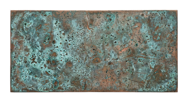 Textured weathered copper surface with verdigris patina and pitting
