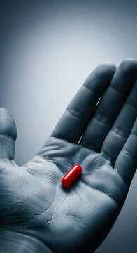 Close-up of a red capsule in an open palm, symbolizing choice, medicine, or a solution against a gradient background, representing science or health concepts