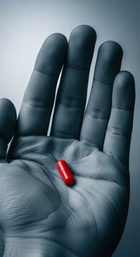 Close-up of a single red capsule on a grey palm, symbolizing medicine, treatment, and choice, relevant to health or pharmaceutical concepts.