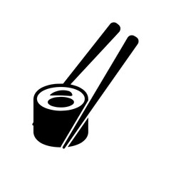 Black silhouette of a single piece of sushi maki roll with chopsticks, isolated on a white background, for japanese food menu © shahin11