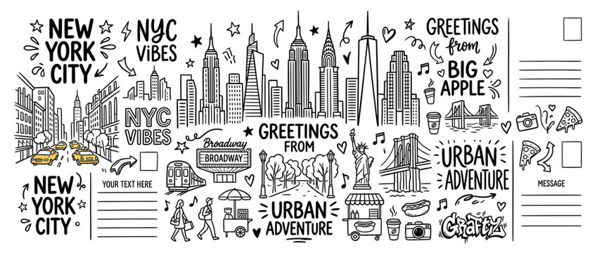 Hand-drawn New York City Skyline and Icons