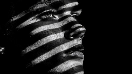 Obraz premium A face in black and white with dramatic shadow stripes, AI generated
