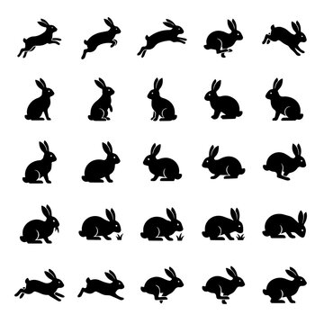 Collection of black rabbit silhouettes in various poses, including hopping, sitting, and running, isolated on a white background