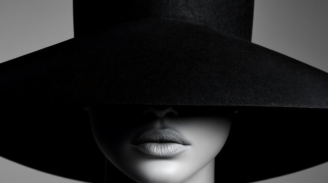 Prompt: A close-up fashion portrait. A model wears a massive, architectural hat made of matte black felt that casts a deep, razor-sharp shadow over the top half of her face, leaving only her 