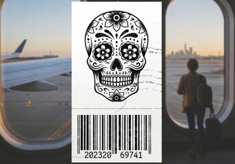 Obraz premium Black and white skull design with a barcode in front of an airport scene through a window, ai illustration travel graphics, AI generated