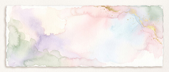 Fototapeta premium Soft Pastel Watercolor Background Frame with Gold Glitter Veins on Deckle Edge Paper