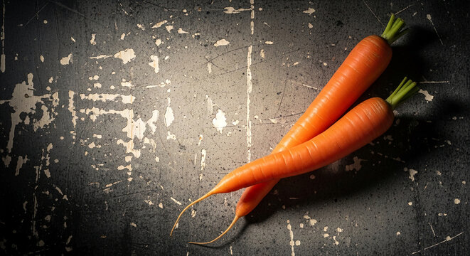 Two bright orange carrots with green tops lie on a dark, textured surface, showcasing fresh produce, ideal for healthy eating concepts