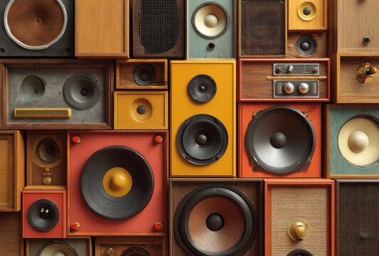 A large collection of vintage wooden audio speakers stacked together creating a textured wall of retro sound equipment for music and audio production