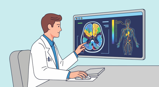 Doctor analyzes brain scan on computer screen