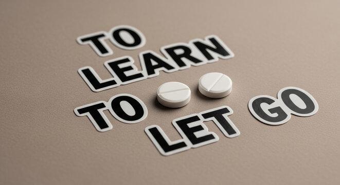 White pills beside black text "TO LEARN TO LET GO", representing acceptance and letting go of burdens, possibly related to mental health.