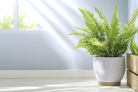 Vibrant potted fern adds touch of nature to bright indoor space, enhancing serene atmosphere with its lush greenery