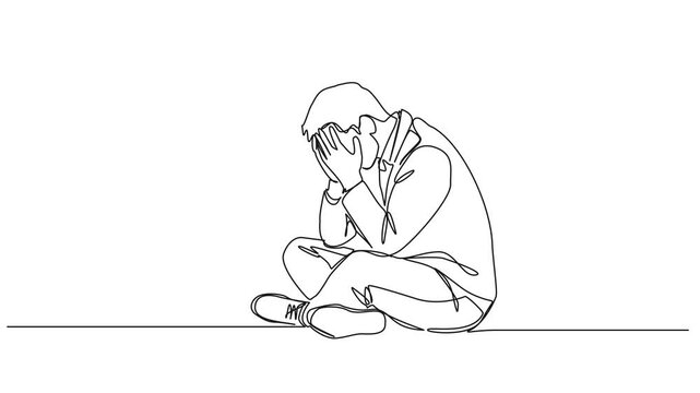 animated continuous line drawing of sad man sitting on ground with his face hidden in his hands, depression, stress, anxiety, and mental health struggles concept, line art animation