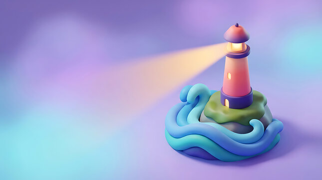 Cute 3d isometric lighthouse on ocean waves with glowing light beam and pastel colors