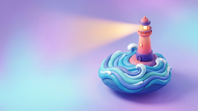 Cute 3D Isometric Lighthouse On Ocean Waves With Glowing Light Beam Background