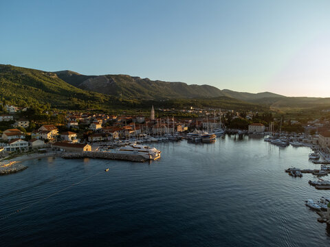 Jelsa on island Hvar in Croatia from above during golden hour