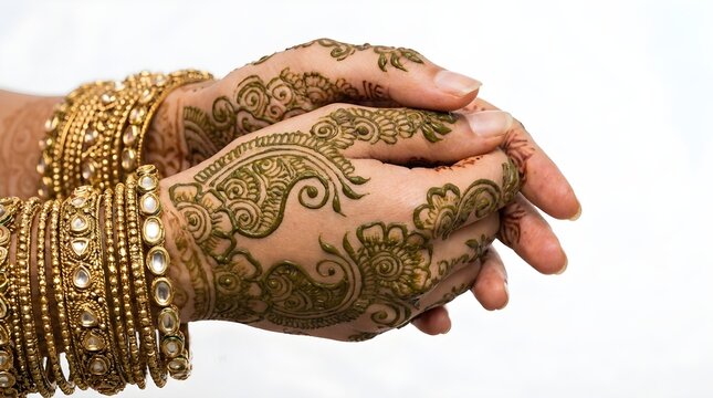 Traditional henna tattoo on bride hands, intricate mehndi design with gold bangles, Indian wedding ceremony jewelry and body art isolated on White Background