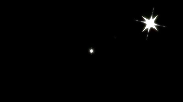 White glowing five twinkle stars animation featuring sparkling glitter bursts, magical blinking star lights, seamless looping overlay with black background in 4k animation