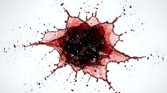 Splashing red and dark liquid with dynamic droplets and particles dispersing outward on white background, suitable for abstract backgrounds, motion graphics, and creative design projects.