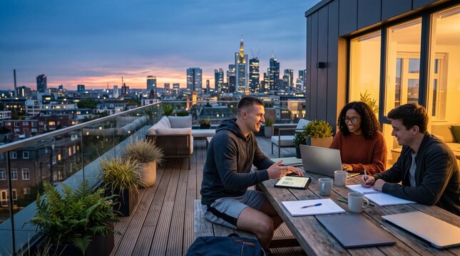 Young professionals collaborating on a rooftop terrace overlooking a city skyline at dusk