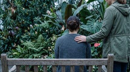 Fototapeta premium Woman comforting another woman with hand on shoulder in lush botanical garden