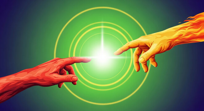 Two stylized hands reaching towards a bright light, representing creation, connection, or divine intervention on a gradient background
