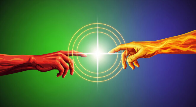 Two hands, one red and one yellow, reach towards each other, creating a bright light and radiating circles, symbolizing creation, connection, and unity