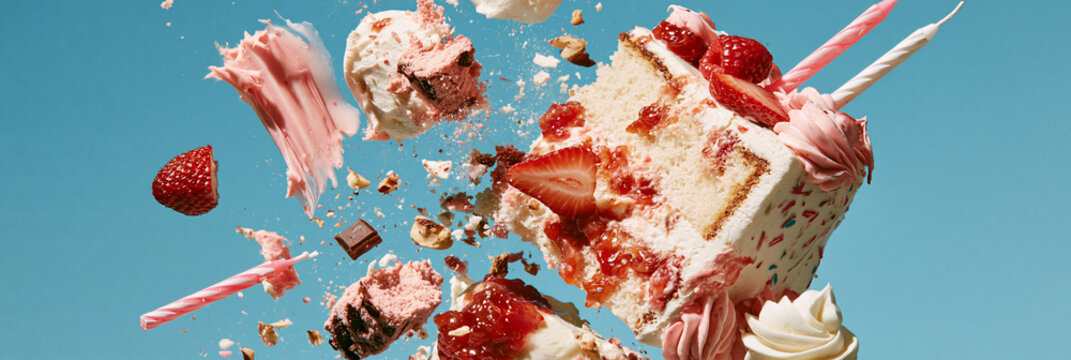 birthday cake ingredients falling through air in dynamic smoothie commercial style, sweet dessert collision with icing candles protein powder jam and cream, colorful celebration food explosion 
