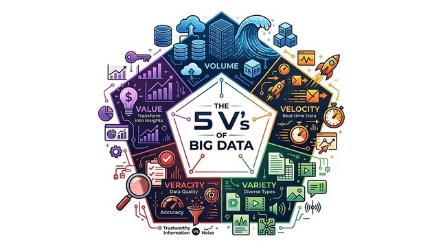 Colorful infographic explaining the five vs of big data concepts