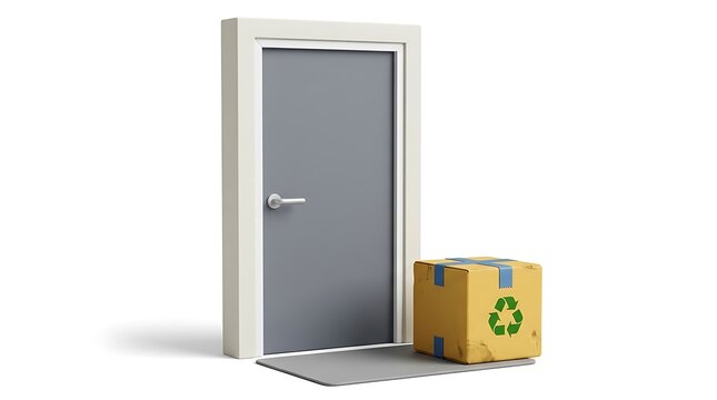 Cardboard box package with recycle symbol delivered in front of a closed door