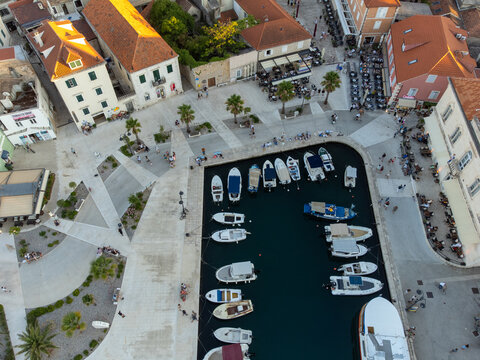 Jelsa on island Hvar in Croatia from above during golden hour