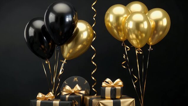 Opulent 4K ultra high definition party visual displaying a collection of metallic gold and obsidian black gift boxes surrounded by floating helium balloons perfect for upscale festive galas and