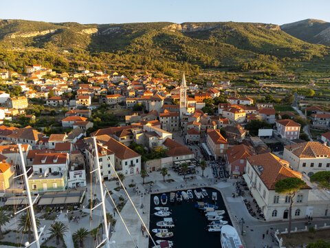 Jelsa on island Hvar in Croatia from above during golden hour