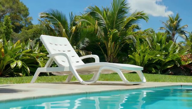 Premium 4K UHD resort hospitality stock video displaying a pristine line of designer white sun lounger chairs arranged alongside a crystal clear swimming pool epitomizing luxury summer vacations and