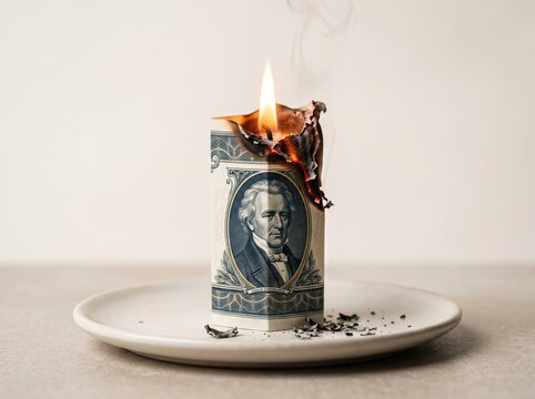 Burning Money Candle: A one-dollar bill shaped like a candle burns intensely, symbolizing financial loss or the ephemeral nature of wealth, with ash and smoke rising from the flame.