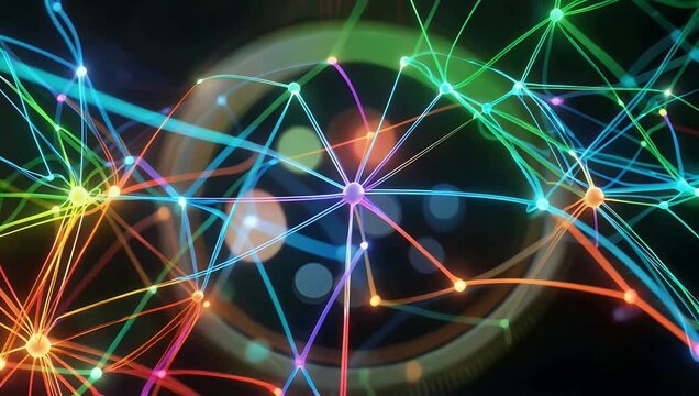 High tech 4K computer graphic visualizing a complex multi colored artificial neural network processing massive data streams with flowing synapses traveling across a modern cyber matrix interface for
