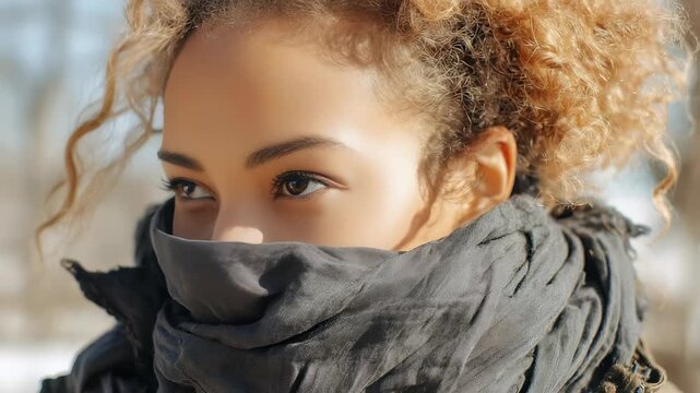 A close up shot captures the intense eyes and curly hair of a woman wrapped in a scarf, set against a blurred outdoor background. The image conveys mystery, beauty, and modern fashion trends