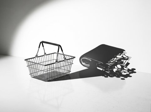 Empty Shopping Basket and Spilling Coins: An empty metallic shopping basket casts a long shadow next to a wallet spilling its contents of coins, symbolizing spending, financial choices.