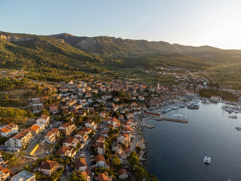Jelsa on island Hvar in Croatia from above during golden hour