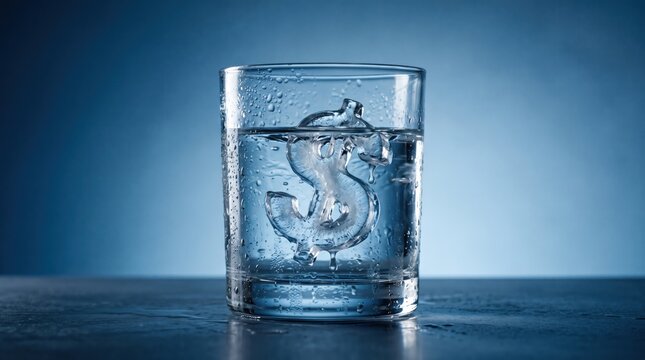 Ice Dollar Symbol in Water: A clear glass filled with water holds a solid ice sculpture of a dollar sign, symbolizing financial fluidity and the refreshing nature of wealth.