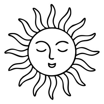 Icono con dibujo sencillo con l&iacute;neas de un sol con rostro humano con sonrisa estilo retro
