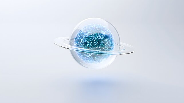 Futuristic glass planet with dense cyan particle core on clean background with copy space