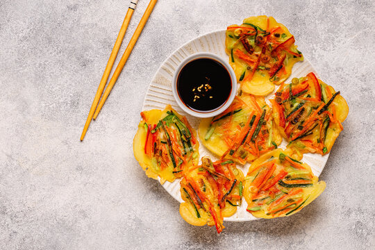Fried Korean pancakes (jeon) with various vegetables