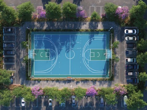 Aerial view of a vibrant blue basketball court surrounded by lush green trees and a parking lot with parked cars in a city