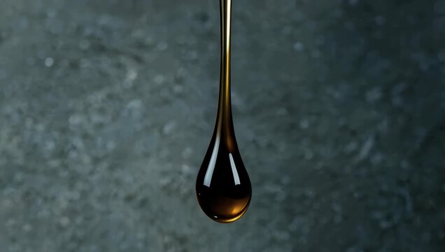 Spectacular 1000fps 4K high speed macro recording capturing thick viscous oil drops splashing dynamically against a matte slate surface showcasing incredible fluid mechanics and rich abstract