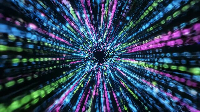 Futuristic Digital Tunnel with Bursting Binary Data Streams and Neon Light Trails
