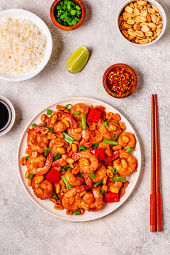 Kung pao shrimp, stir-fried shrimp with peanuts and vegetables