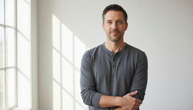 Man with a confident expression wearing a casual henley shirt against a bright background