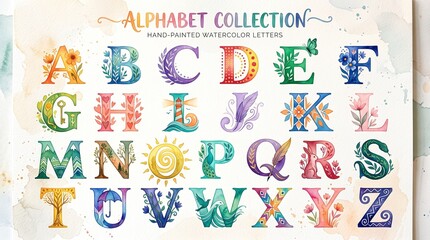 Fototapeta premium Hand-painted watercolor alphabet A-Z in bright colors. Each letter has floral, nature, and animal illustrations. Title: 