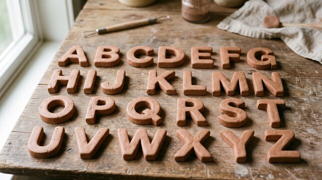 Handmade terracotta clay alphabet A-Z arranged on a rustic wooden table. Soft natural light, with pottery tools and a cloth in the background.