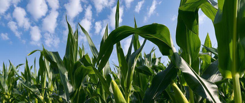 Cobs of green corn and leaves in a field against a bright blue sky with fluffy clouds